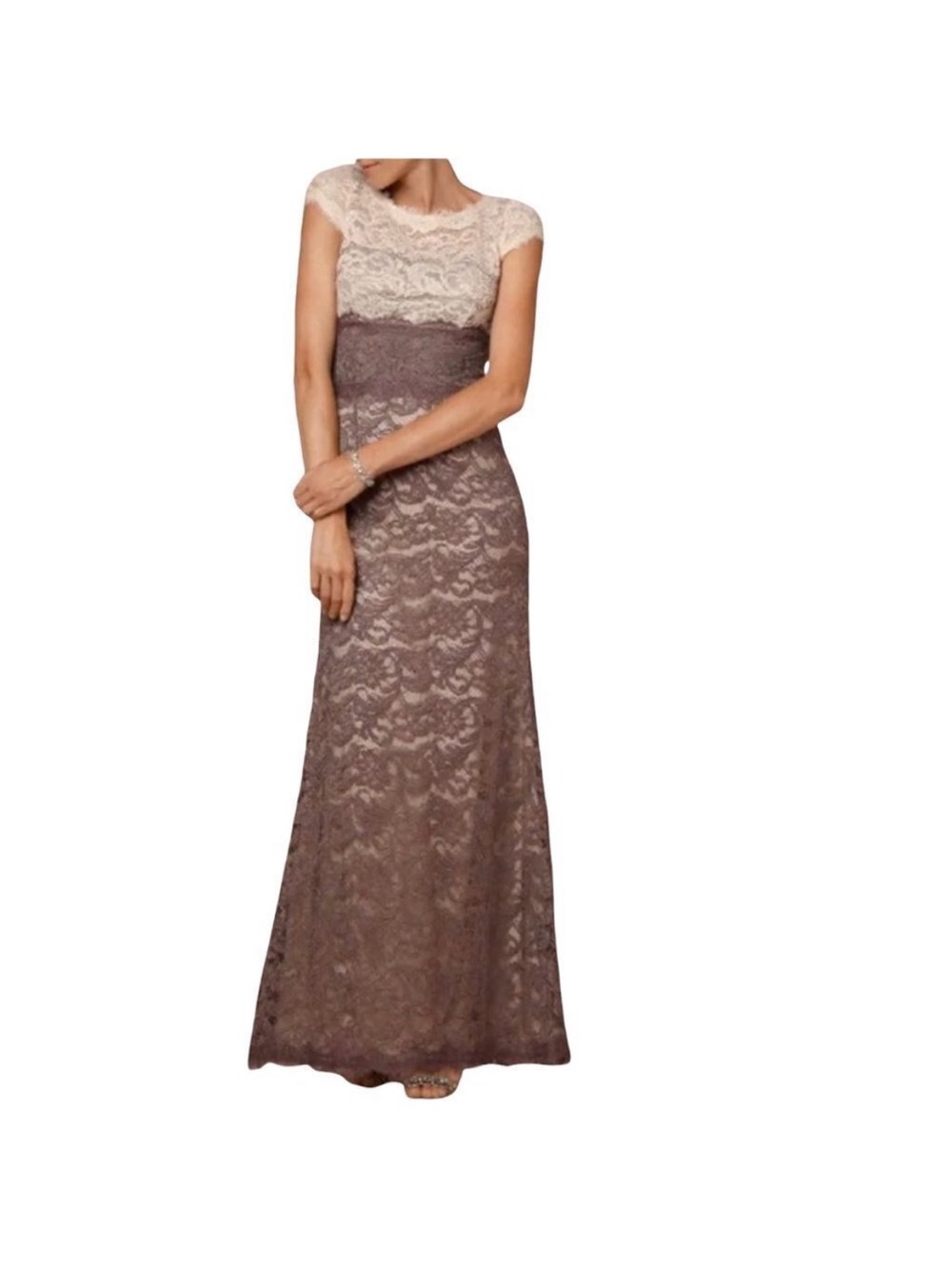 Adrianna Papell Cap-Sleeve Lace Maxi Dress in Cream and Taupe